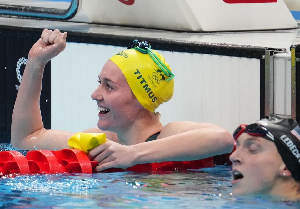 Ariarne Titmus of Australia celebrates after finishing ahead of Katie Ledecky of the U.S. to win the women's 400m freestyle final during the Tokyo 2020 Olympic Summer Games at Tokyo Aquatics Center on Monday.