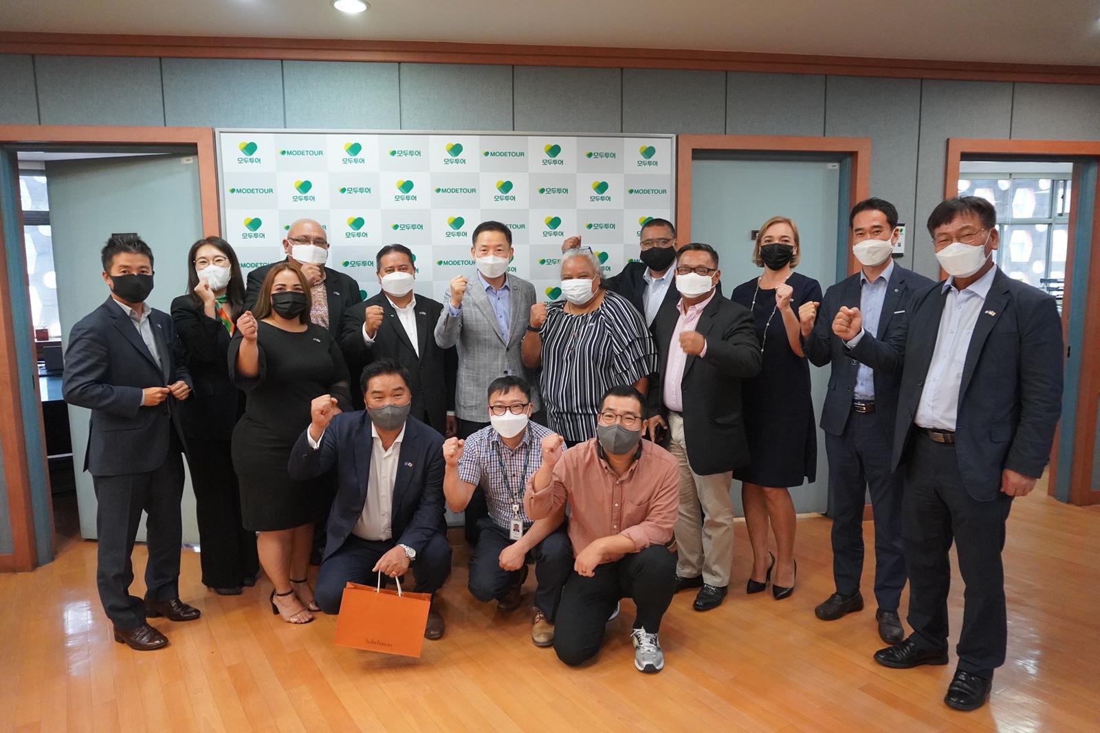 Gov. Ralph DLG Torres, sixth from left, leads a delegation from the CNMI in meeting with Mode Tour in Seoul, Korea, on June 30, 2021. 