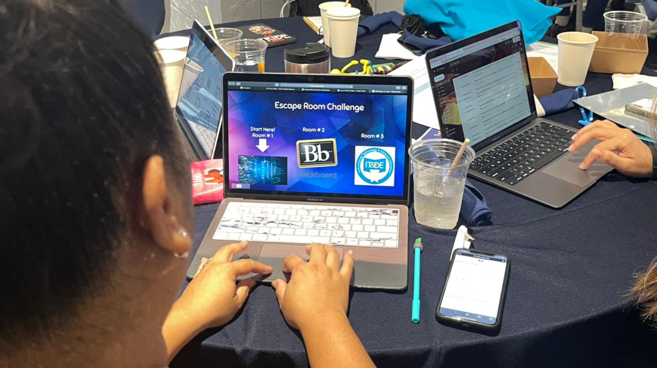 A participant uses a laptop during a technology-based activity.