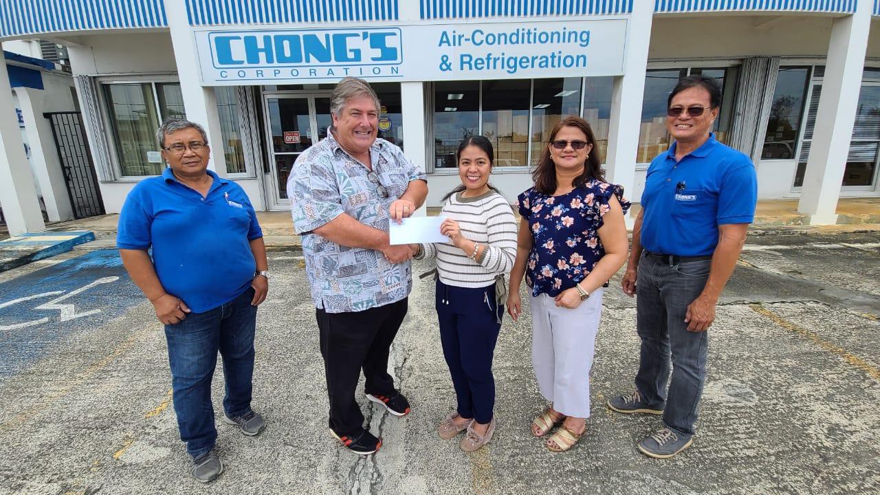 Chong’s Corp. Accountant Camille Bocago, center, donates $500 on Aug. 3, 2021, for the 19th Annual HANMI Charity Classic Golf Tournament set for Aug. 14, 2021, at Coral Ocean Golf Resort.  From left, Chong’s Corp. A/C technician Jovito Mejia, tournament committee chairman Glenn Policare, Bocago, Chong’s Corp. HVAC sales representative Rosal Nicdao and project manager Honesto Servida.