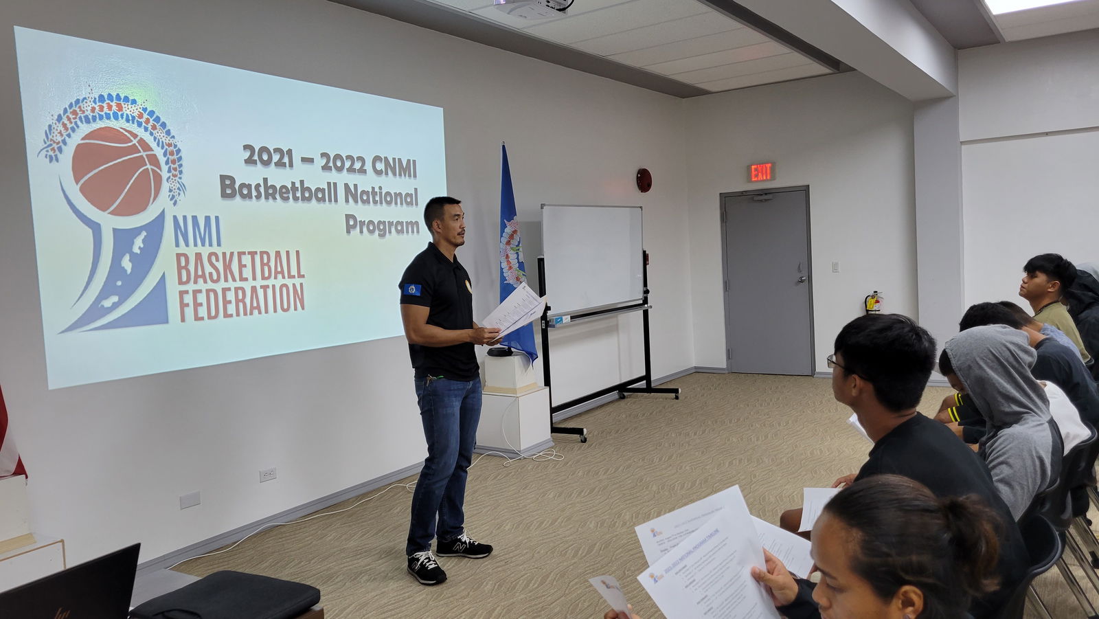 Northern Mariana Islands Basketball Federation president James Lee listens to the question from the gallery during Tuesday night’s meeting regarding the NMI National Basketball Program in the conference room of the Gilbert C. Ada Gymnasium.