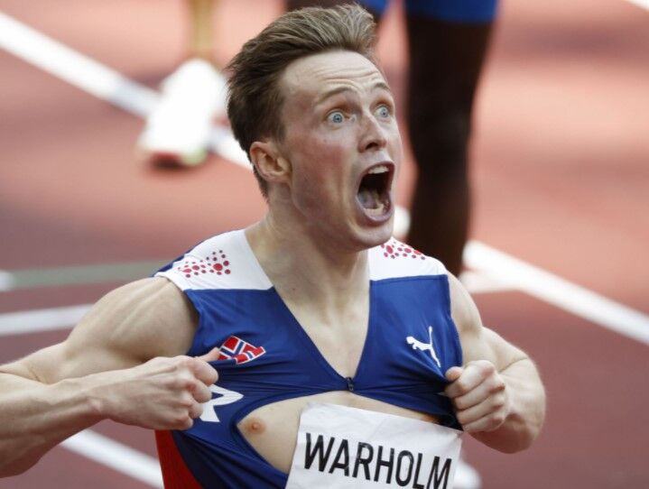 Karsten Warholm of Norway reacts after realizing he had set a new world record in the men's 400m hurdles at the Olympic Stadium in Tokyo, Japan on Tuesday.