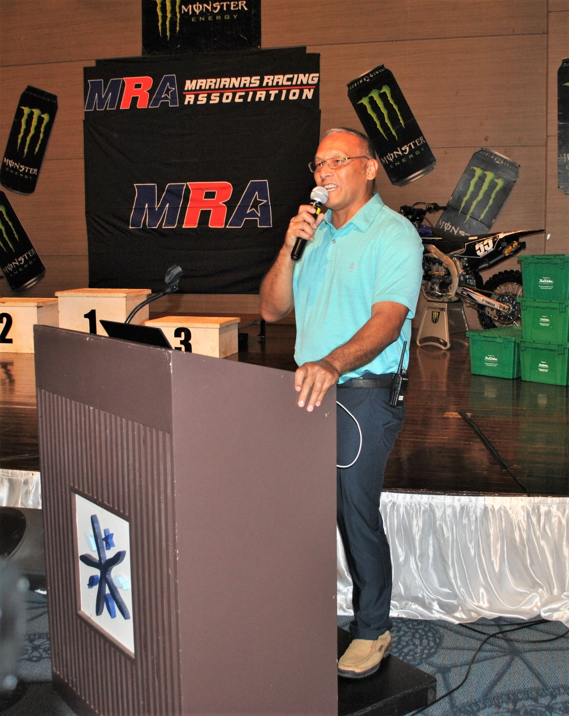 Marianas Racing Association president Charles Cepeda delivers his remarks during the awards banquet at Saipan World Resort on July 28.