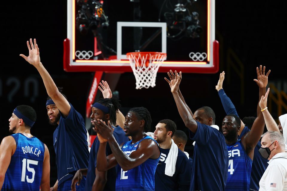 U.S. players celebrate after defeating Spain in the quarterfinals at the Tokyo Olympics on Tuesday.