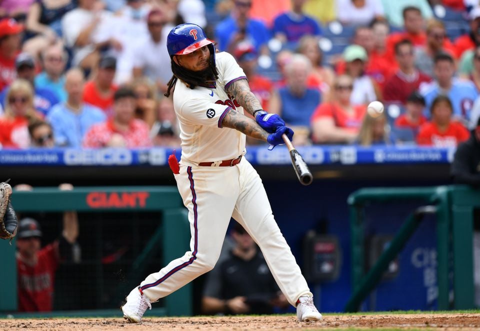 Philadelphia Phillies shortstop Freddy Galvis (8) hits an RBI single in the fifth inning against the Arizona Diamondbacks at Citizens Bank Park in Philadelphia, Pennsylvania on Aug 29, 2021.
