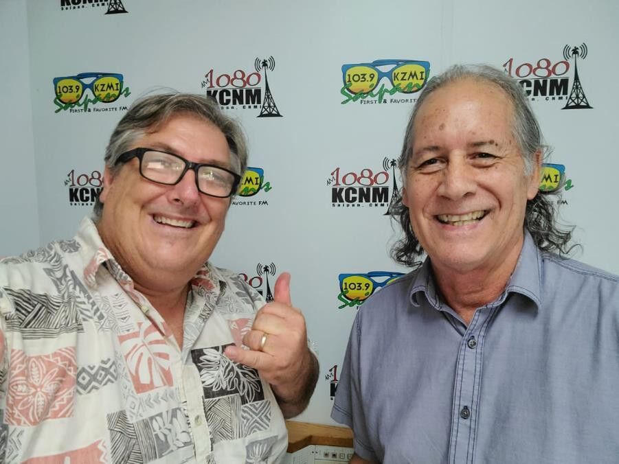 KCNM-KZMI station manager Bob Webb, right, donates $2,000 in ads for the 19th Annual HANMI Charity Classic Golf Tournament slated for Aug. 14, 2021, at Coral Ocean Golf Resort on Saipan.  Also pictured is tournament committee chairman Glenn Policare.