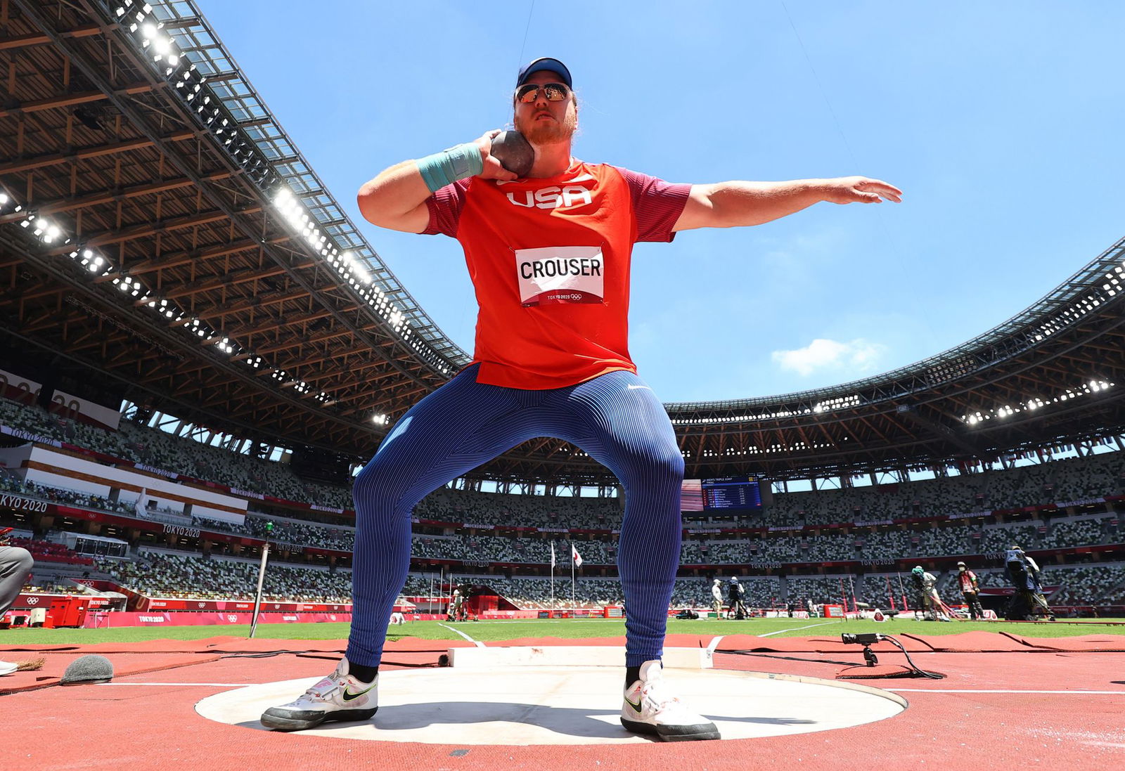 Ryan Crouser of the United States in shot put action at the Tokyo Olympics on Aug. 5, 2021.