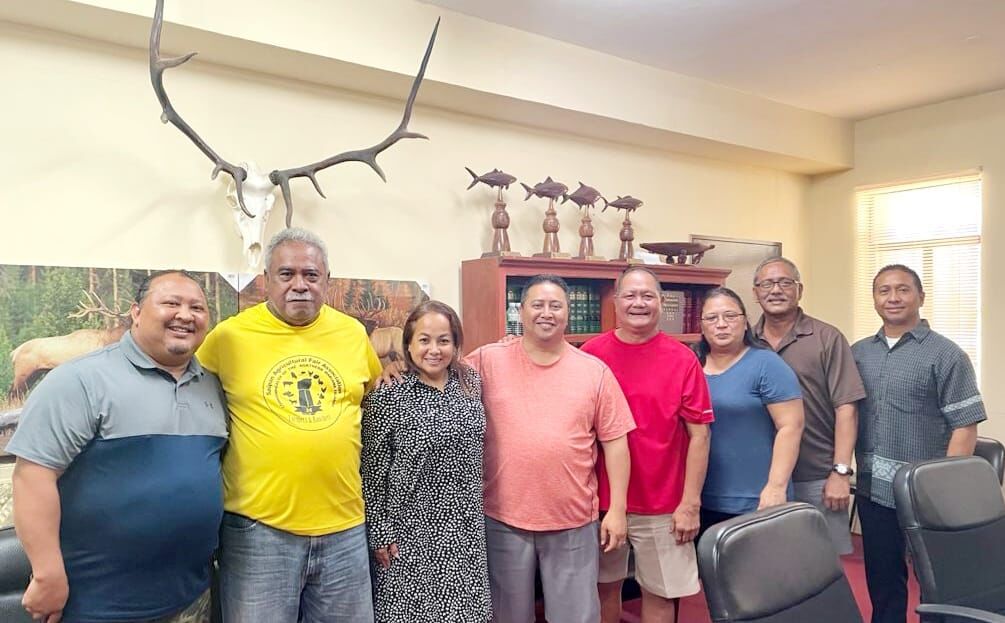 Grace "Pitu" Sablan-Vaiagae, third left, poses for a photo with Gov. Ralph DLG Torres, center,  Republican Party Precinct 1 chairman Jack Torres, Precinct 3 chairman Jack Ogumoro, party chairman James Ada, first vice president Candace Q. Celis, treasurer Rufin Inos and second vice president Vince Torres.