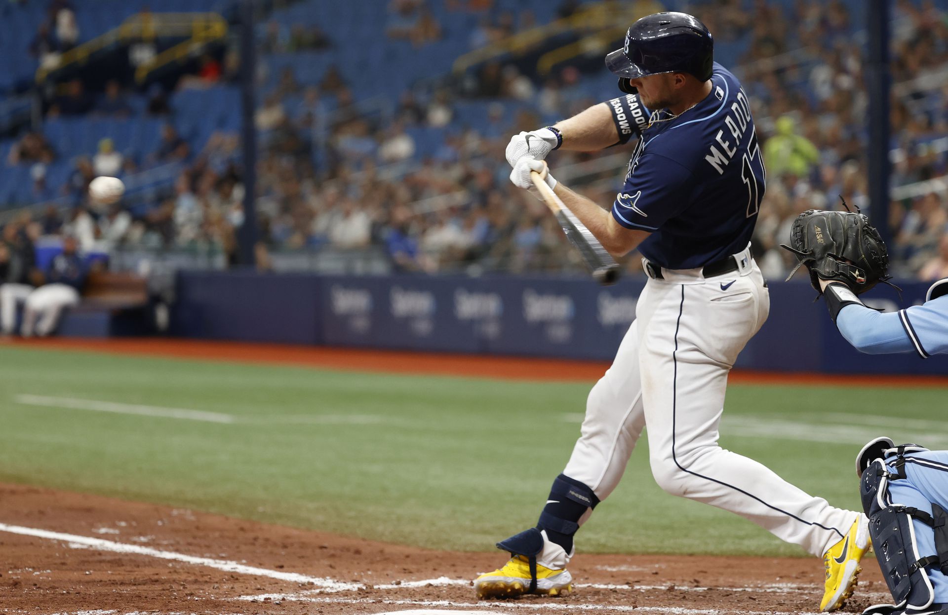 Tampa Bay Rays designated hitter Austin Meadows (17) hits a 3-run home run during the third inning against the Toronto Blue Jays at Tropicana Field in St. Petersburg, Florida on  Sept. 22, 2021.