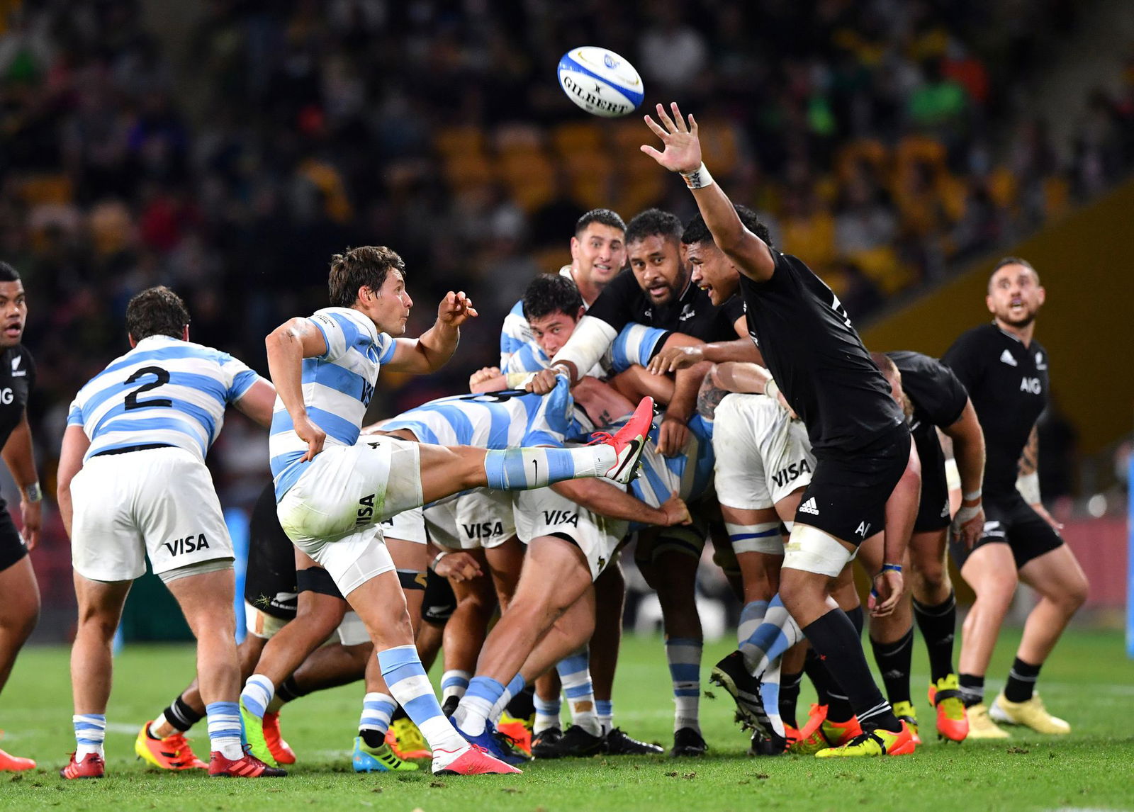 Gonzalo Bertranou, center, of the Pumas kicks during the Round 4 Rugby Championship match between the Argentina Pumas and the New Zealand All Blacks at Suncorp Stadium in Brisbane, Australia on Sept. 18, 2021.