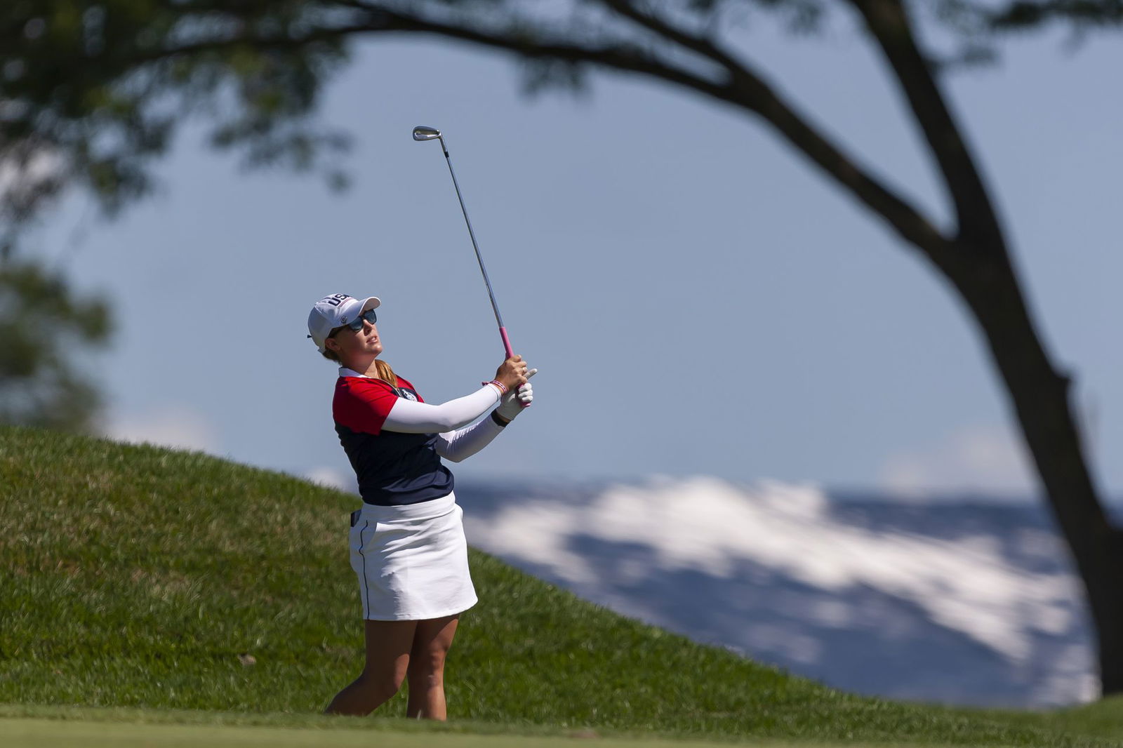 Jennifer Kupcho of Team USA hits her approach shot on the first hole during singles matches in the 2021 Solheim Cup at Invernes Club in Toledo, Ohio on Sept. 6, 2021.