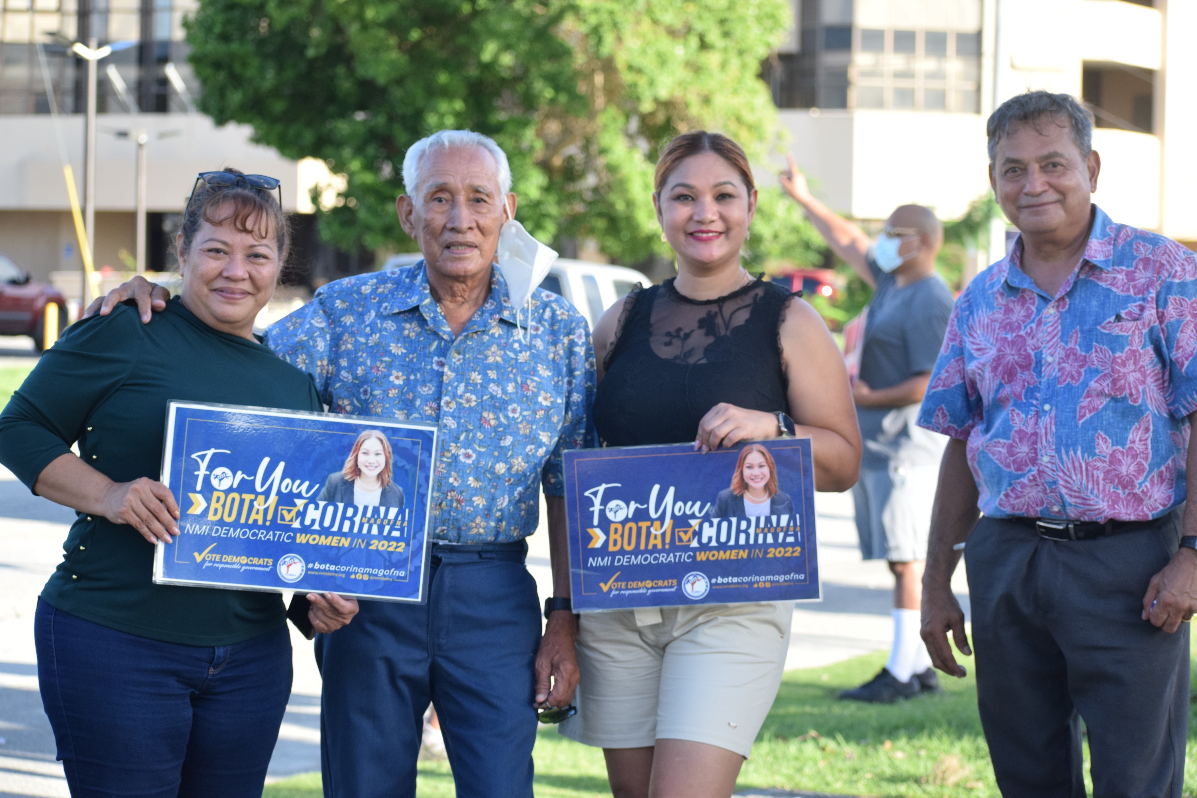 The CNMI's first governor, Dr. Carlos S. Camacho, second left, with Precinct 3 House candidate Corina Magofna, second right, Rep. Celina Babauta, left, and Rep. Richard Lizama, right.