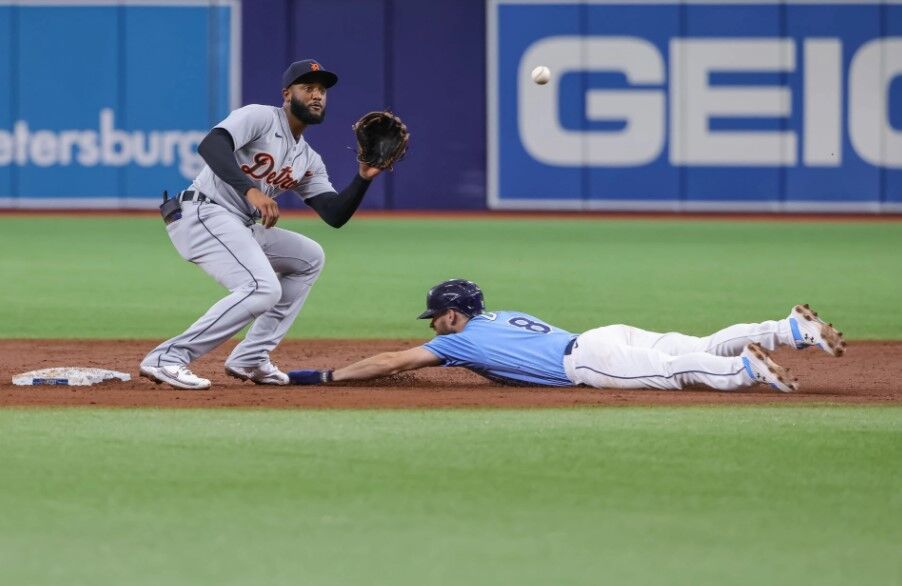 Tampa Bay Rays second baseman Brandon Lowe (8) is safe at second during the second inning against the Detroit Tigers at Tropicana Field in St. Petersburg, Florida on Sept. 19, 2021.