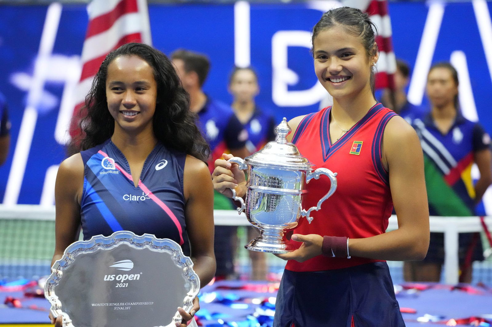 From left, Leylah Fernandez of Canada and Emma Raducanu of Great Britain celebrate with the finalist and championship trophy after their match in the women's singles final  of the 2021 U.S. Open tennis tournament at USTA Billie Jean King National Tennis Center in Flushing, NY on Sept. 11, 2021.
