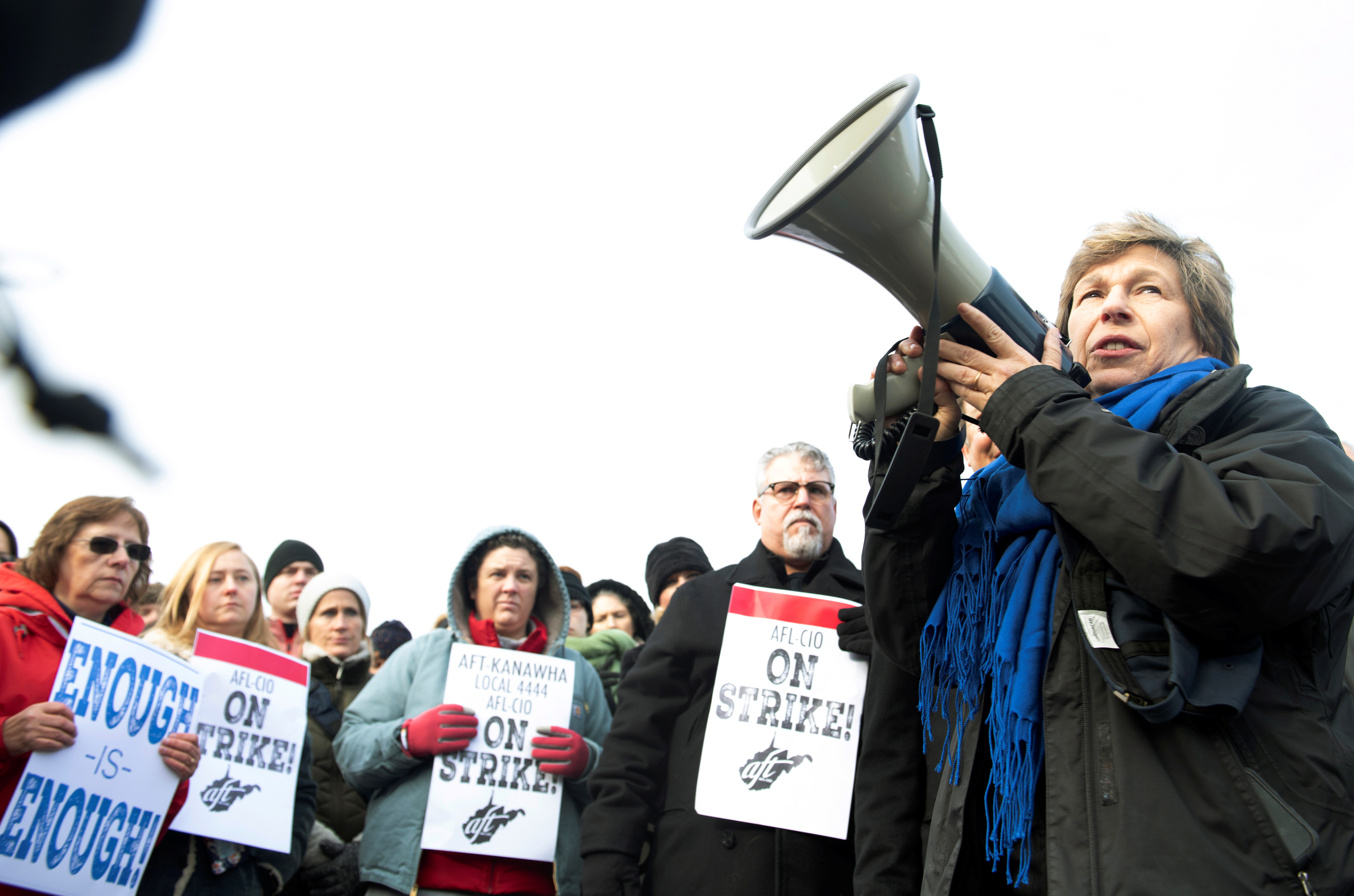 Randi Weingarten, president of the American Federation of Teachers, speaks before a crowd of striking educators at Capital High School in Charleston, West Virginia on Feb. 19 2019. 