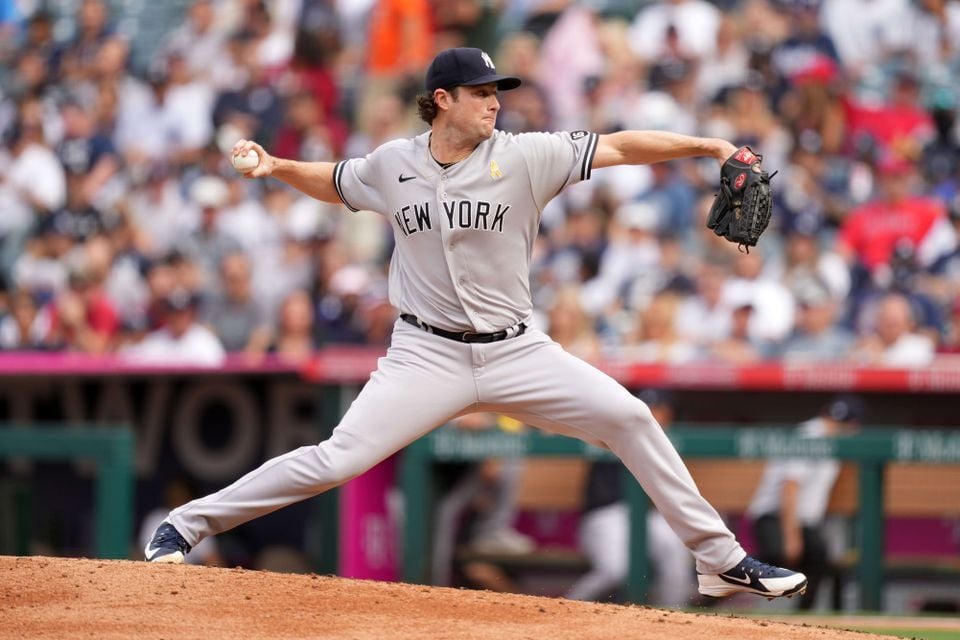 New York Yankees starting pitcher Gerrit Cole (45) delivers a pitch in the third inning against the Los Angeles Angels at Angel Stadium in Anaheim, California on Sept. 1, 2021.