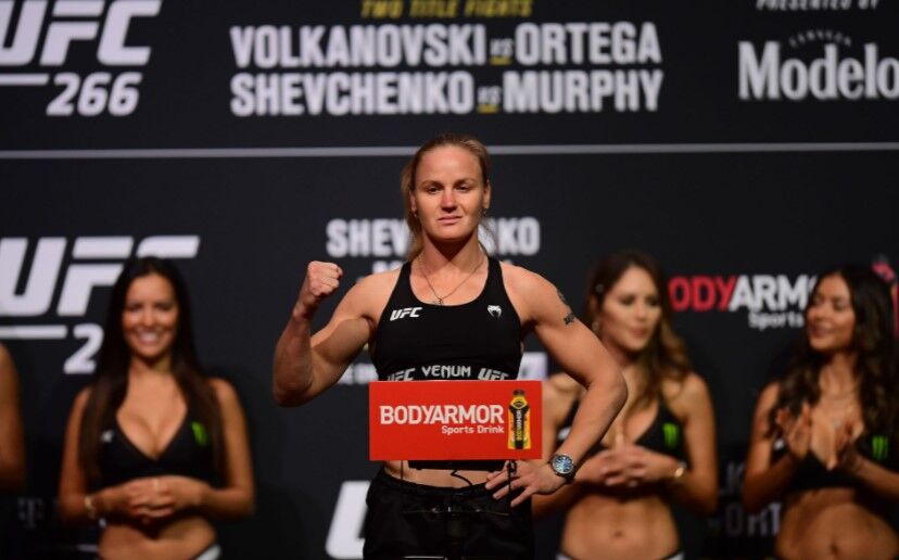 Valentina Shevchenko poses for a photo during weigh-ins for UFC 266 at Park Theater in Las Vegas, Nevada on Sept. 24, 2021.