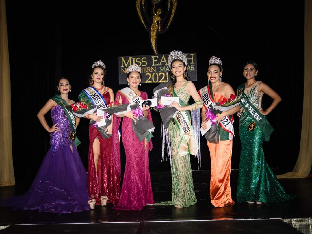 From left, Macey Fujihira, second runner-up 2021 Miss Water Justine Rain Selepeo Kirby, first runner-up 2021 Miss Air Sue Ann Marie Huevos, 2021 Miss NMI Earth Crystal Fiona Rio, third runner-up 2021 Miss Fire Stephanie Borja, and  3 Megan Hemley.