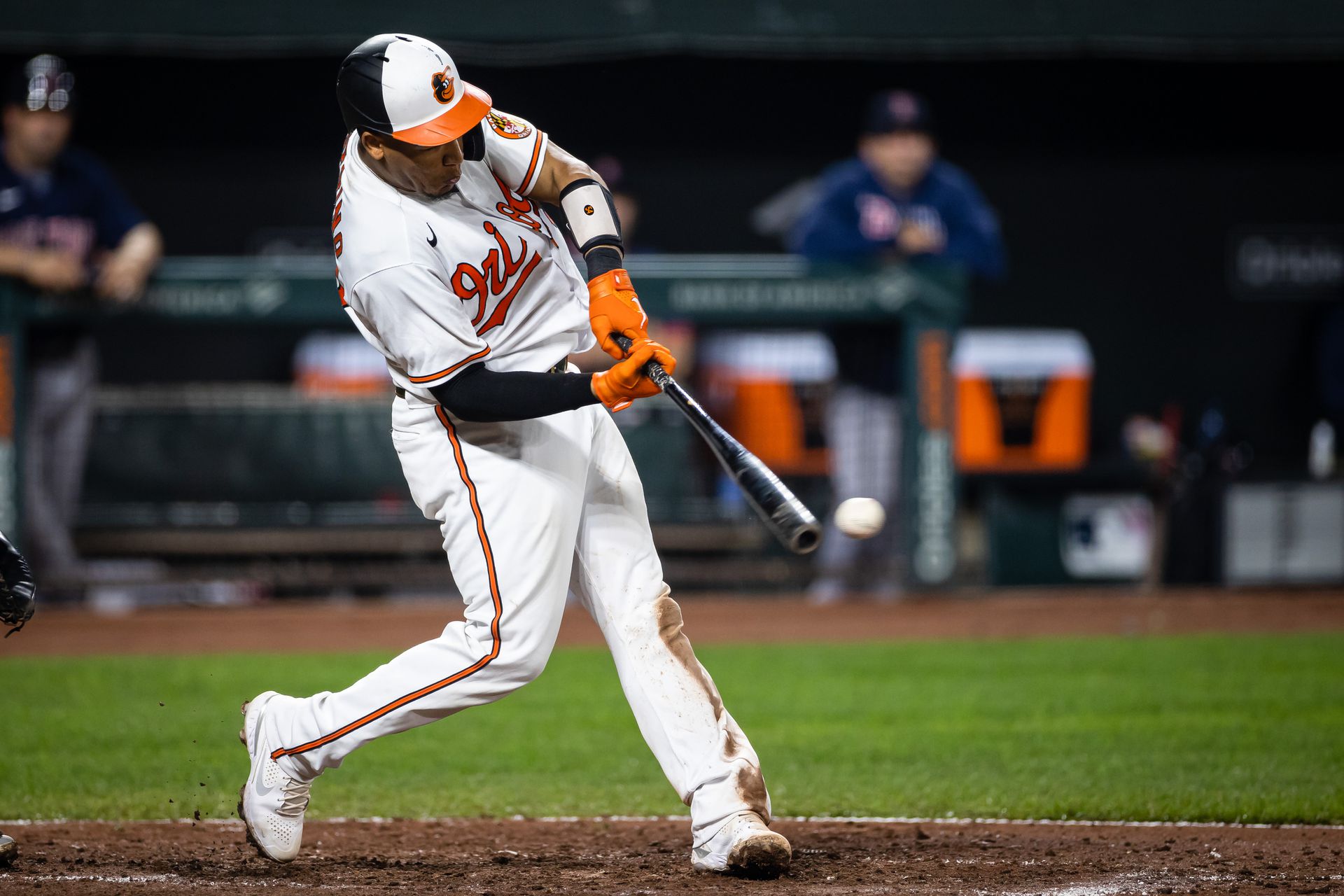 Baltimore Orioles catcher Pedro Severino (28) singles against the Boston Red Sox during the eighth inning at Oriole Park at Camden Yards in Baltimore, Maryland on Sept. 28, 2021.