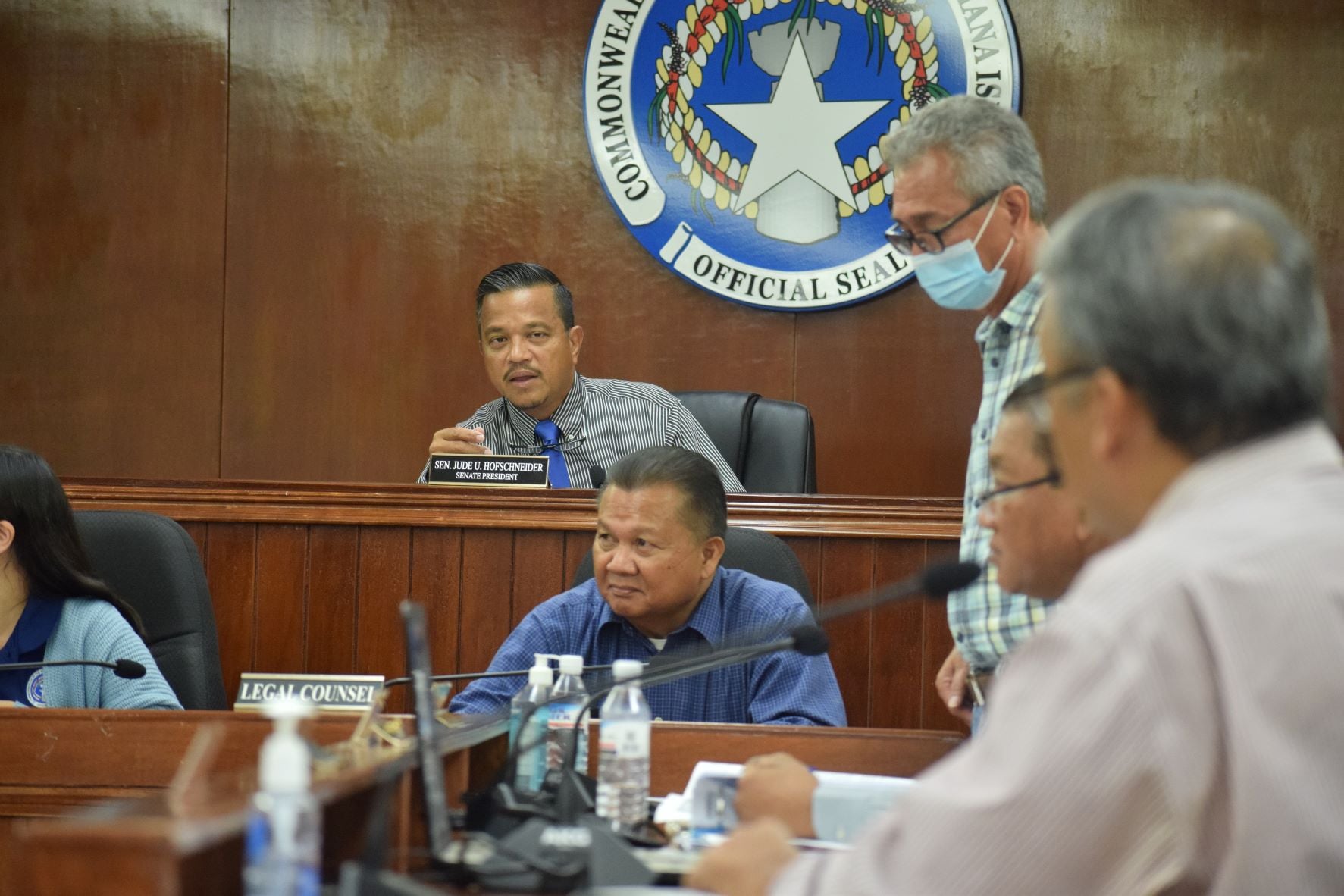 Senate President Jude U. Hofschneider addresses his colleagues during a Senate session on Tuesday.
