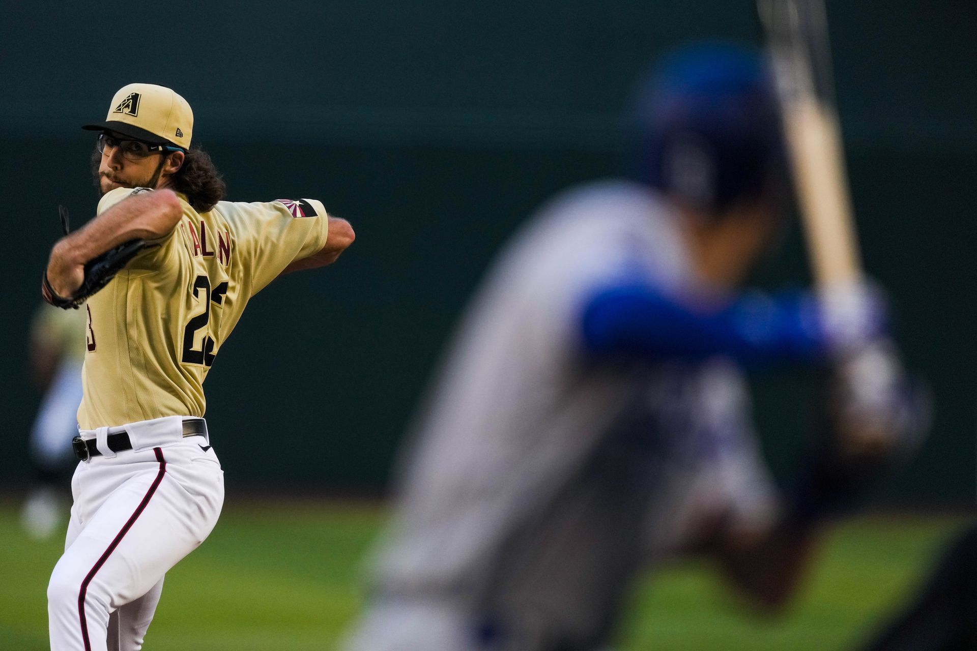 Arizona Diamondbacks starting pitcher Zac Gallen (23) throws against Los Angeles Dodgers second baseman Trea Turner (6) during the sixth inning at Chase Field in Phoenix, Arizona on Sept. 25, 2021.