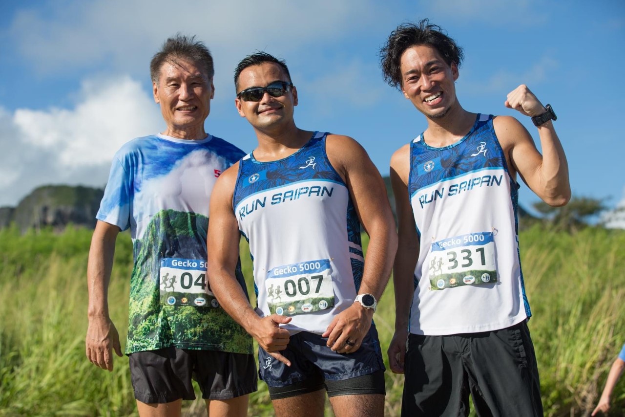 Gecko 5000 Men’s Open Division 8km race winners, from right: 1st,  Shuji Kuroda, 33:57; 2nd, Edward S. Dela Cruz Jr., 38:46; and 3rd, Chong Nam Lee 43:48.