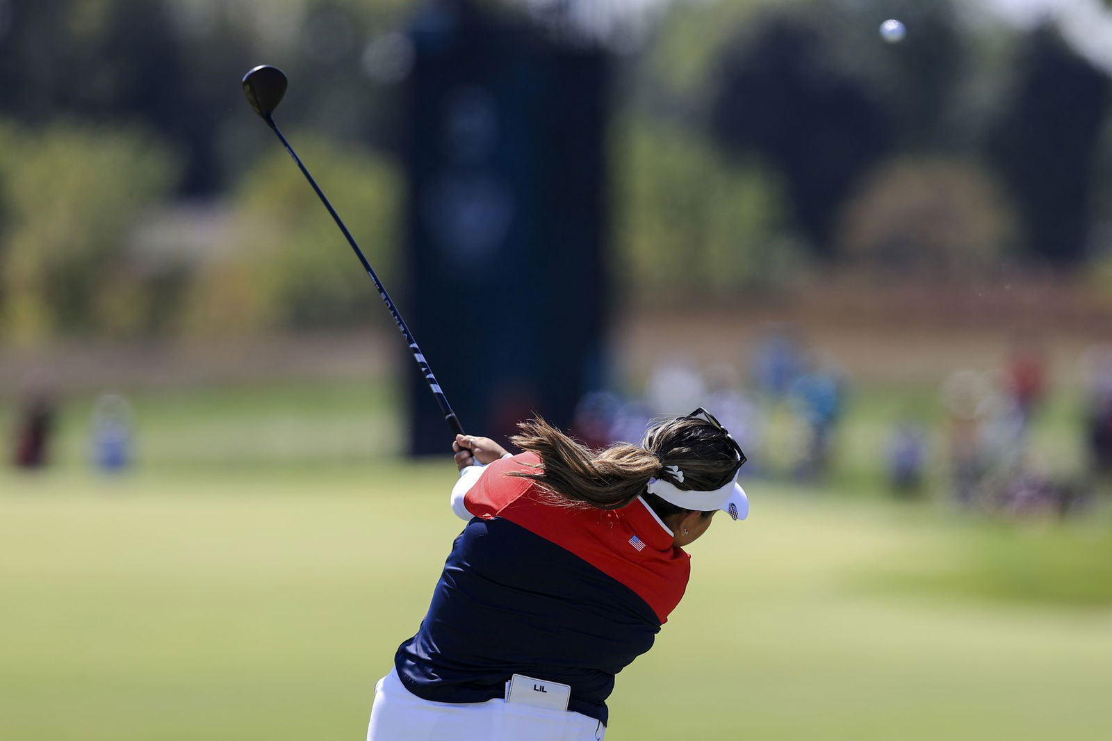 Lizette Salas of Team USA hits her tee shot on the third hole during competition rounds of the Solheim Cup golf tournament at Inverness Club in Toledo, Ohio on Sept. 6, 2021.