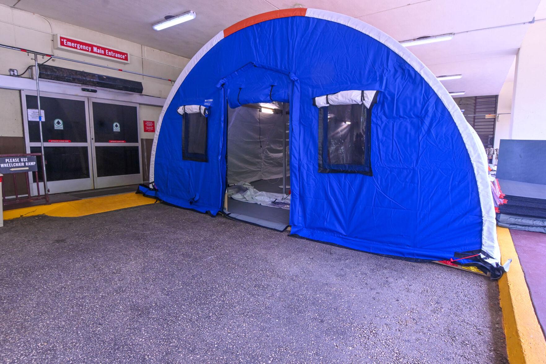 The Guam National Guard assembled a BLU-MED medical tent to accommodate an overflow of Covid-19 patients at the Guam Memorial hospital emergency room entrance on Sept. 1 in Tamuning.