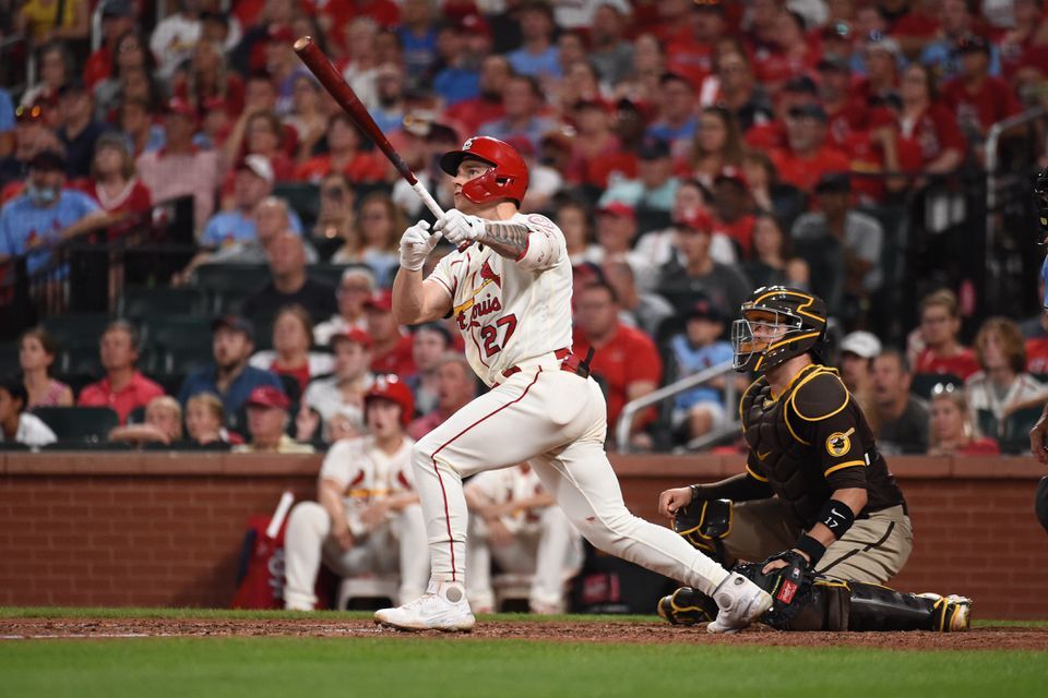 St. Louis Cardinals left fielder Tyler O'Neill (27) watches his two-run home run against the San Diego Padres during the eighth inning at Busch Stadium in St. Louis, Missouri on Sept. 18, 2021.