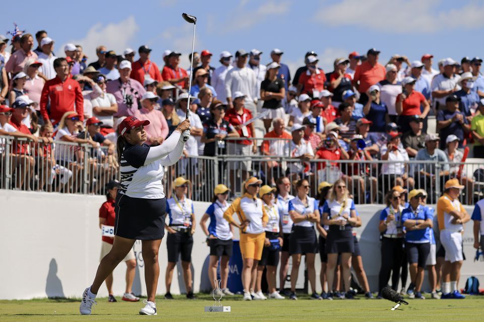 Lizette Salas of Team USA hits her tee shot on the first hole during competition rounds of the Solheim Cup golf tournament at Inverness Club in Toledo, Ohio on Sept. 5, 2021.