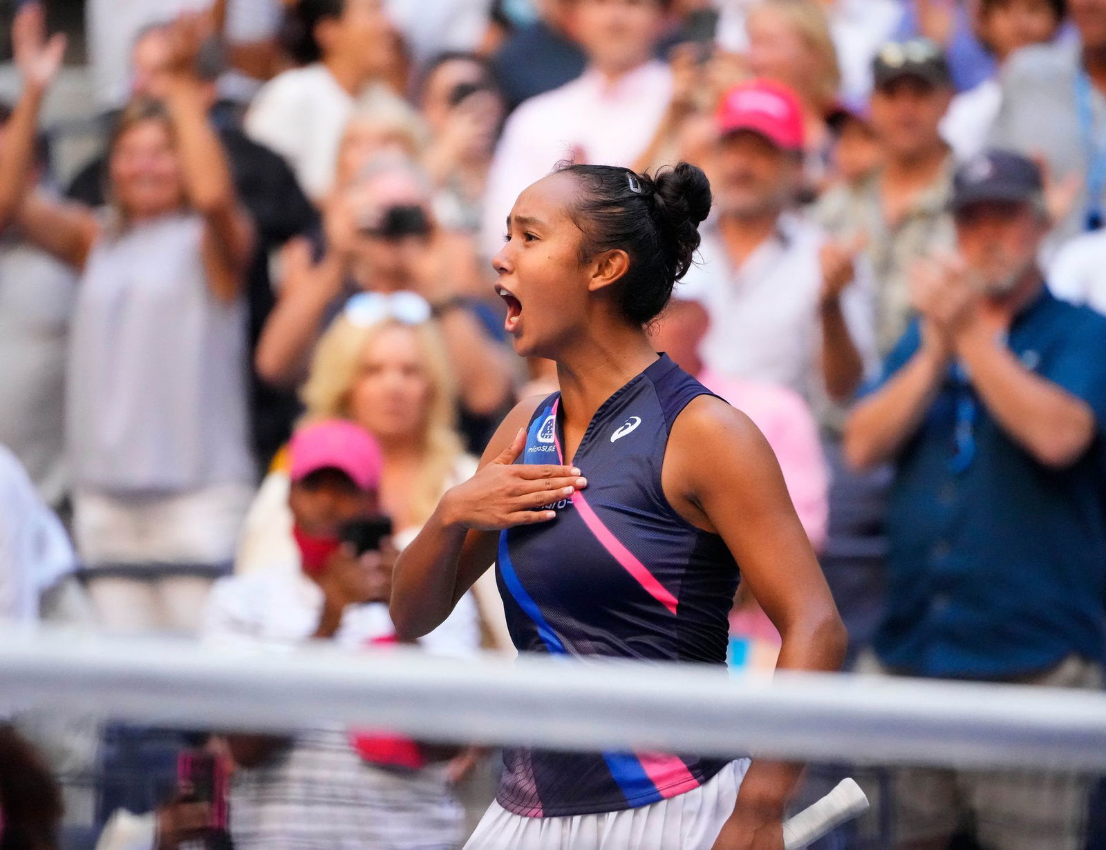 Leylah Fernandez of Canada celebrates after beating Elina Svitolina of Ukraine on day nine of the 2021 U.S. Open tennis tournament at USTA Billie Jean King National Tennis Center in Flushing, NY on Sept. 7, 2021.