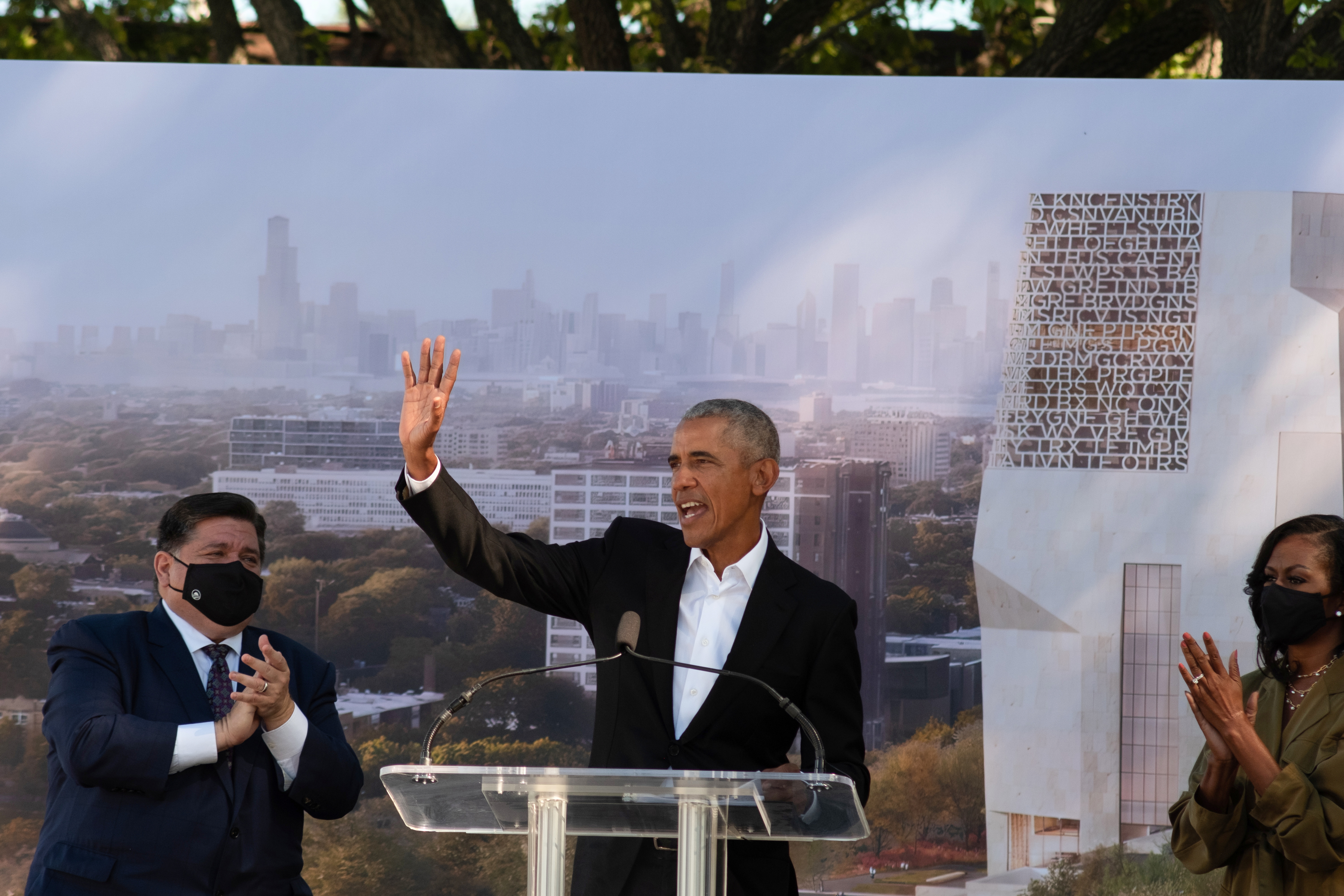 Former President Barack Obama attends a groundbreaking ceremony for the Obama presidential center at Jackson Park, in Chicago, Illinois on Sept. 28, 2021.
