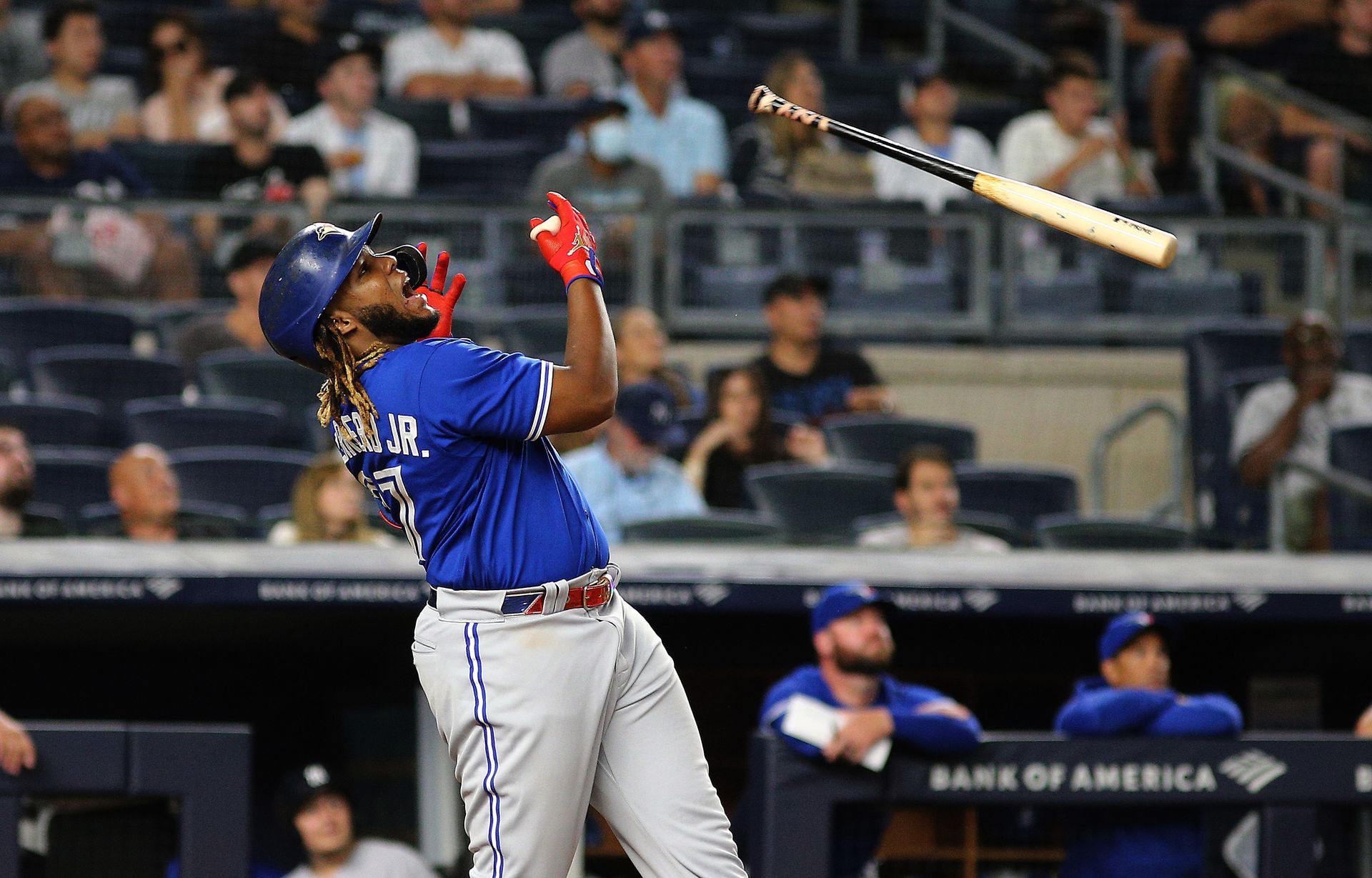 Toronto Blue Jays first baseman Vladimir Guerrero Jr. (27) reacts after losing his bat on a swing against the New York Yankees during the seventh inning at Yankee Stadium in the Bronx, New York on Sept. 7, 2021.