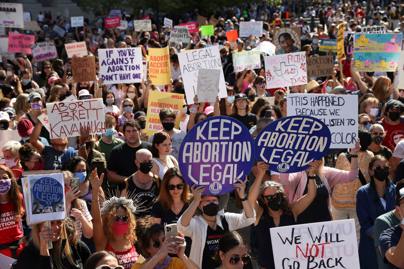 Supporters of reproductive choice take part in the nationwide Women's March, held after Texas rolled out a near-total ban on abortion procedures and access to abortion-inducing medications in New York City on Oct. 2, 2021.