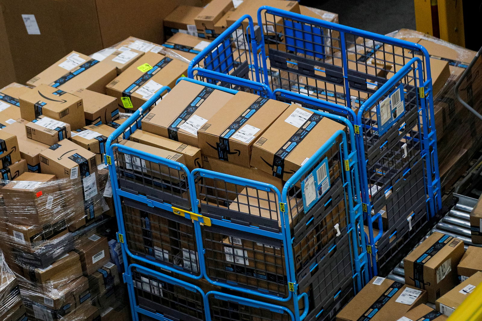 Packages are seen inside Amazon's JFK8 distribution center in Staten Island, New York on Nov. 25, 2020.