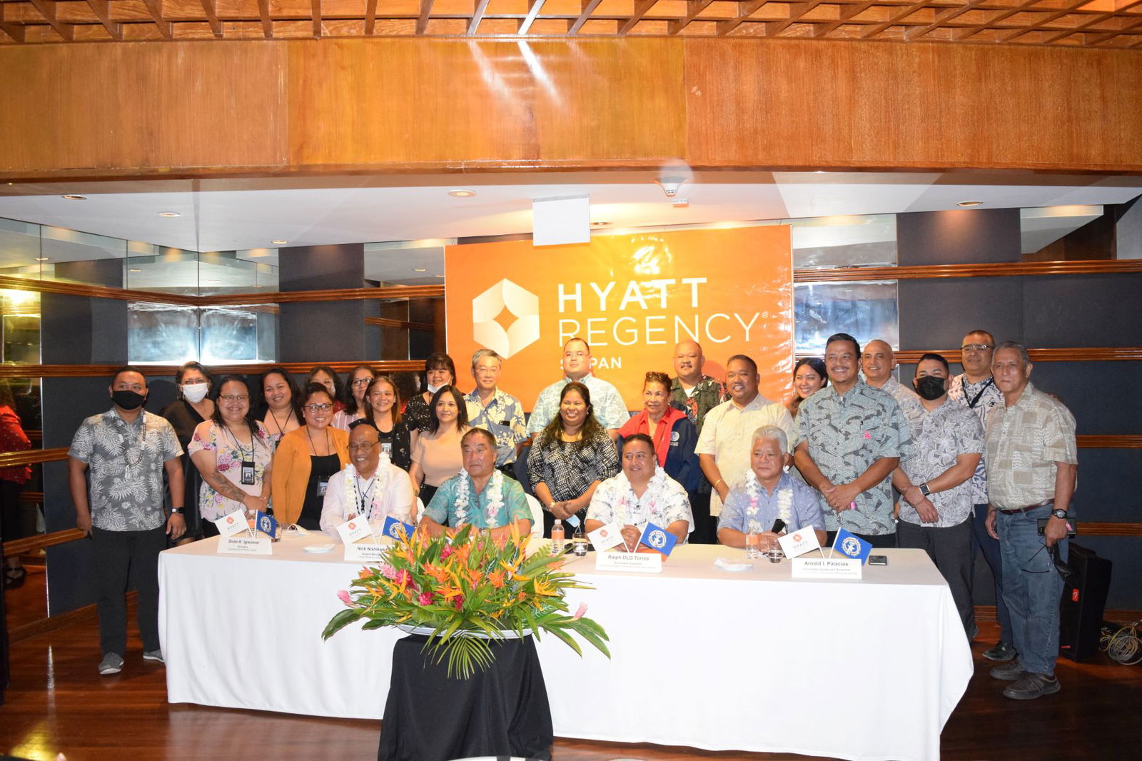 In photo, seated from left, are Department of Public Lands Secretary Sixto K. Igisomar, Hyatt Regency Saipan General Manager Nick Nishikawa, Gov. Ralph DLG Torres and Lt. Gov. Arnold I. Palacios following the signing ceremony for a new land lease contract between Hyatt and the CNMI government at Hyatt’s Miyako Restaurant on Friday. Behind them are other administration officials and lawmakers.