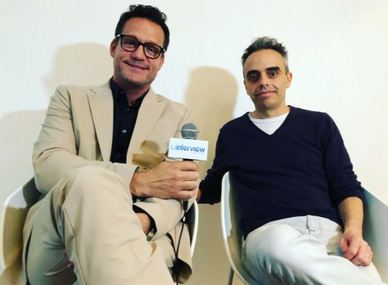 Director Joel Souza, right, is pictured with Josh Hopkins during an interview session at the uInterview.com offices in Manhattan, New York on April 26, 2019.