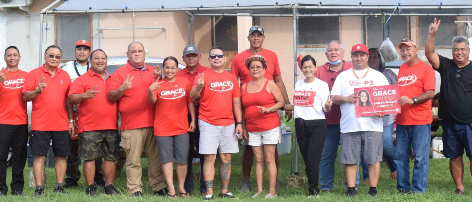 NMI Republican Party Precinct 3 House candidate, Grace Pitu Sablan-Vaiagae, sixth left poses for a photo with Gov. Ralph DLG Torres, third right, first lady Diann T. Tudela and other GOP officials and supporters at the party's canopy near Garapan Elementary School  in Garapan on Saturday.