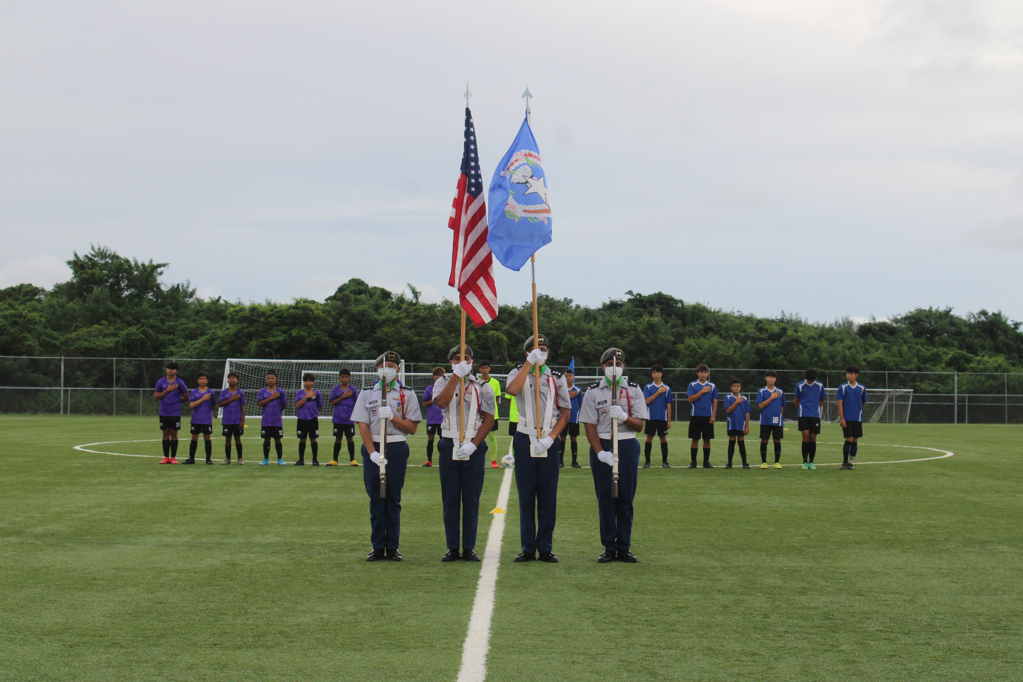 The Manta Ray Battalion Color Guard posts the colors for the NMIFA-PSS Interscholastic Soccer League Championship on Oct. 8, 2021.
