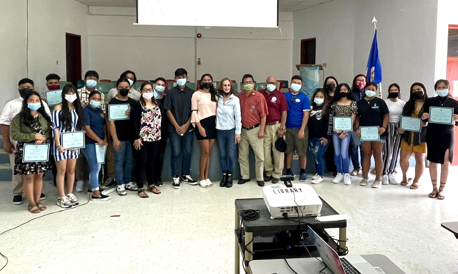The new Student Council officers of Dr. Rita H. Inos Jr. Sr. High School for School Year 2021-2022 are President Chloe Yalung, Vice President Danny Kent King, Secretary Mark Charfauros, Treasurer Keoni Magnlona and Historian Frince Masga. Joining them in a group photo are Rota Mayor Efraim Atalig, RHI Principal D. Tanya King, Board of Education Vice Chairman Herman Atalig and student representative Jed Santa Theresa.