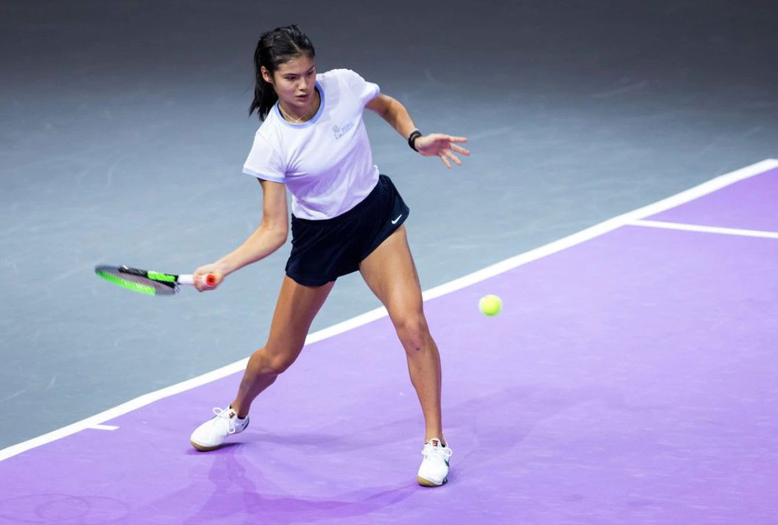 British tennis player Emma Raducanu returns a ball during a training performed with Gabriela Ruse of Romania at the WTA Transylvania Open tennis tournament in Cluj-Napoca, Romania on Oct. 24, 2021.