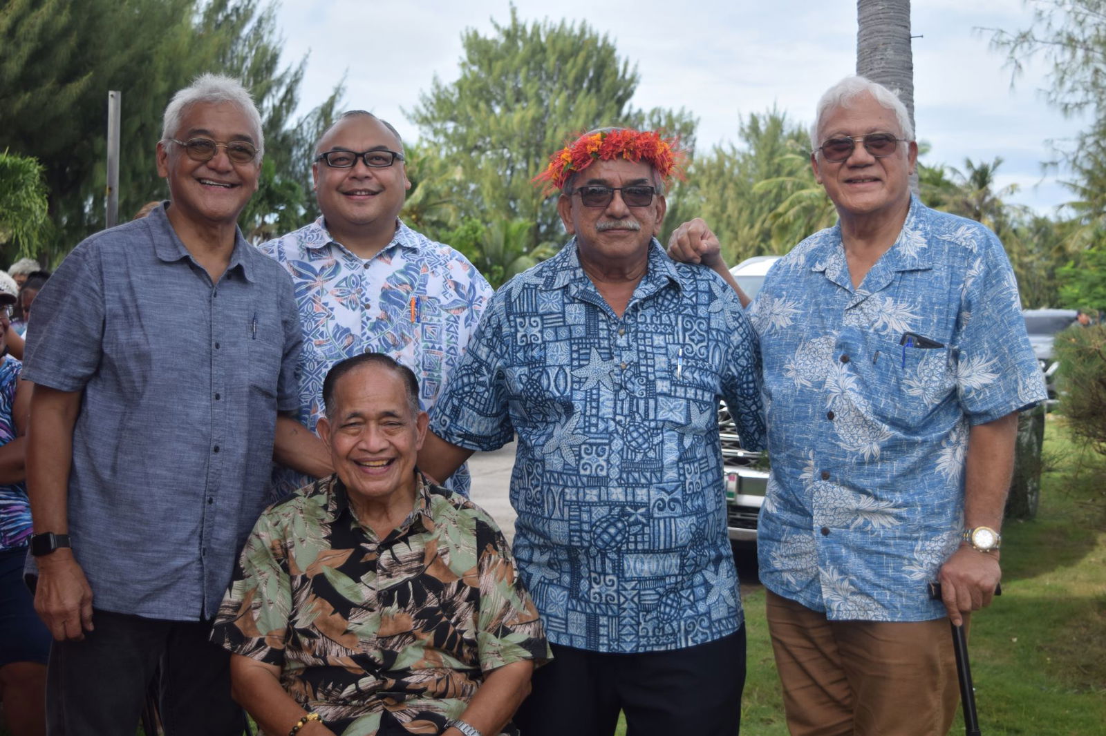The former House speakers who support the AD 2022 ticket. From left, Thomas P. Villagomez, Blas Jonathan Attao, Oscar M. Babauta, Pedro "Paduna" R. Deleon Guerrero, and, seated, former Gov. Benigno R. Fitial at the Minatchom Atdao Pavilion in Susupe on Thursday.
