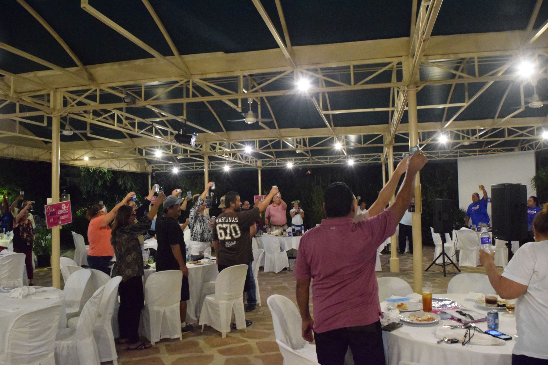 NMI Democratic Party supporters raise a toast as they celebrate the victory of their Precinct 3 House special election candidate Corina L. Magofna at the Hyatt Regency Saipan's poolside Saturday night. 