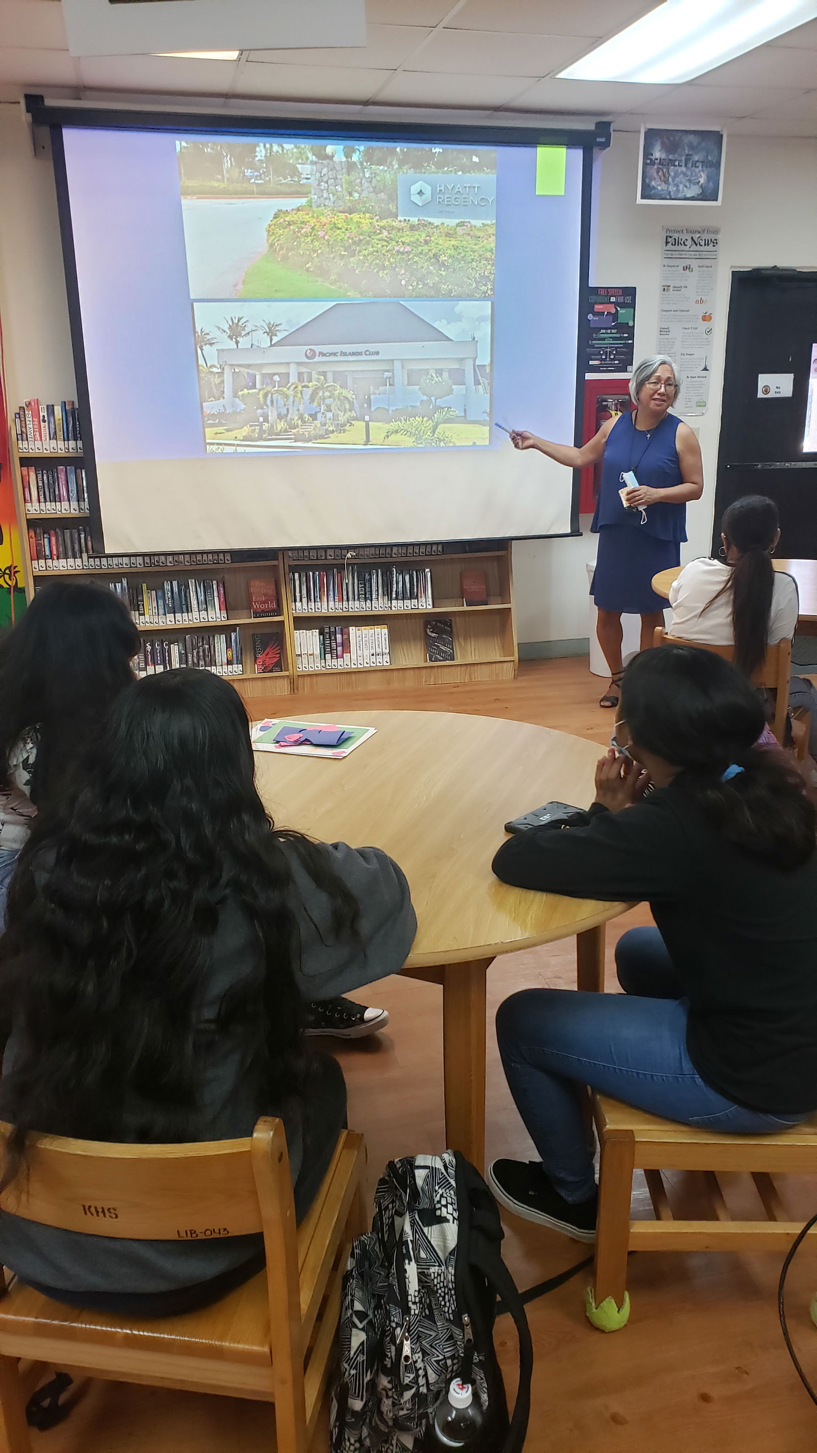 Marianas Tourism Education Council acting Chairwoman Vicky Benavente speaks about job opportunities in the tourism industry during the presentation of MTEC and the Marianas Visitors Authority on Oct. 18, 2021, at Kagman High School in Saipan.