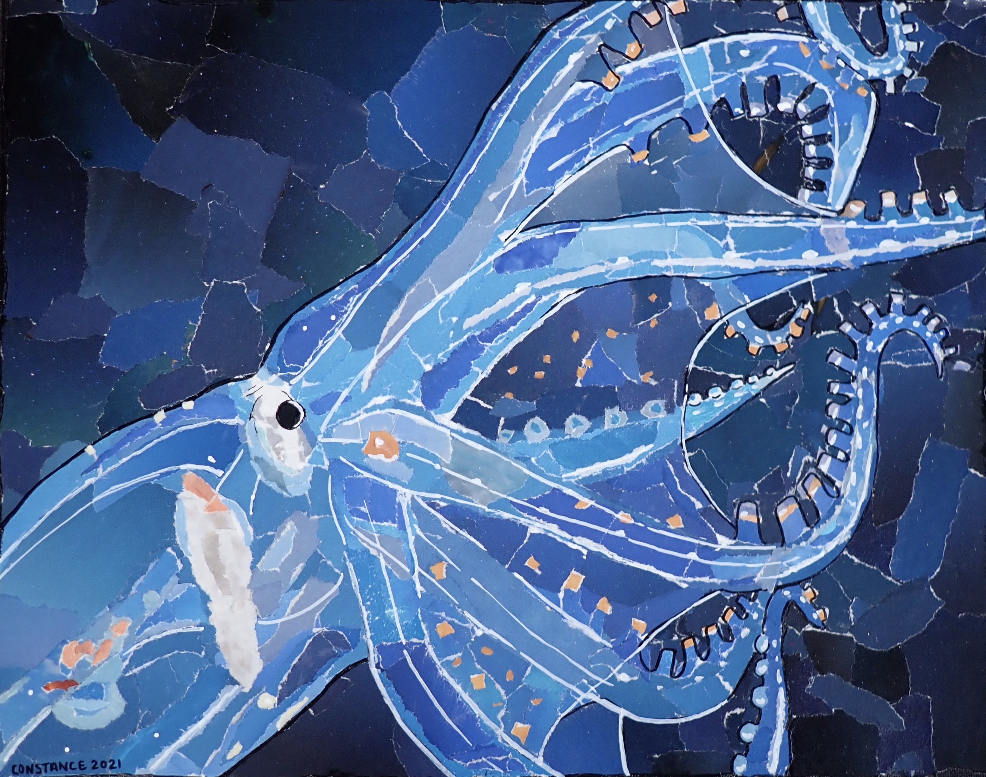 During the expedition, Constance  Sartor created upcycled magazine collages of the specimens collected by the ROV, such as this glass octopus. 