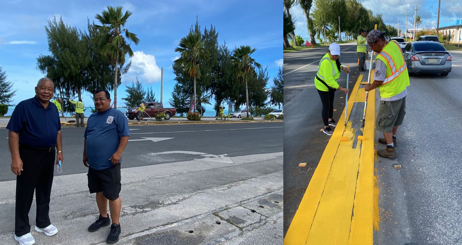 Left photo shows Saipan Mayor David M. Apatang and staff member Jack Villagomez at the Beach Road/Atkins Kroll intersection in San Jose where workers/volunteers apply paint on a road median as part of the Governor’s Council of Economic Advisers’ Adopt-A-Median initiative on Saturday.