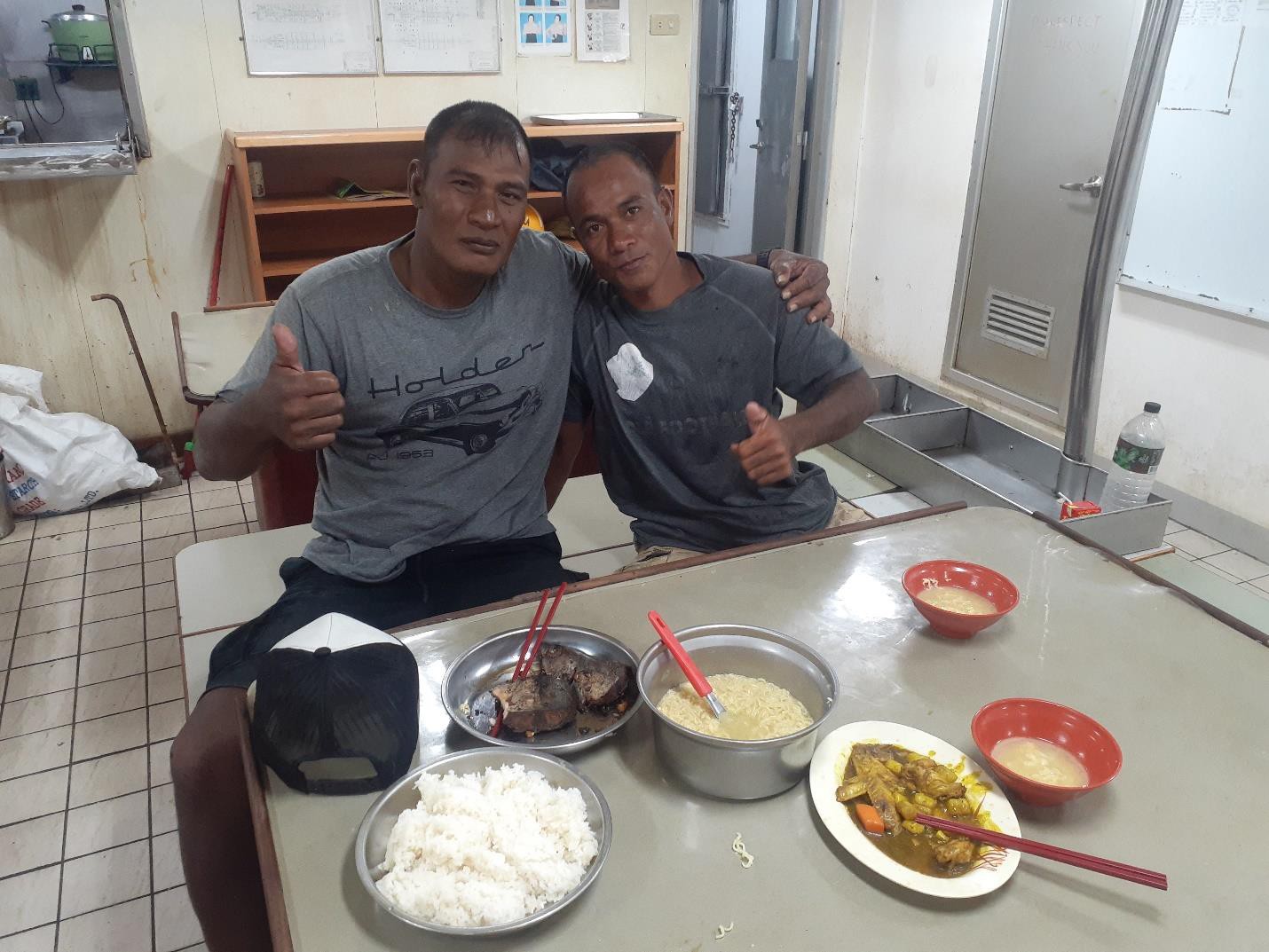 Fishermen Ateota Teraka and Tairaiti Arakanria, both from Tarawa, are safely onboard the Queen Elizabeth 959.