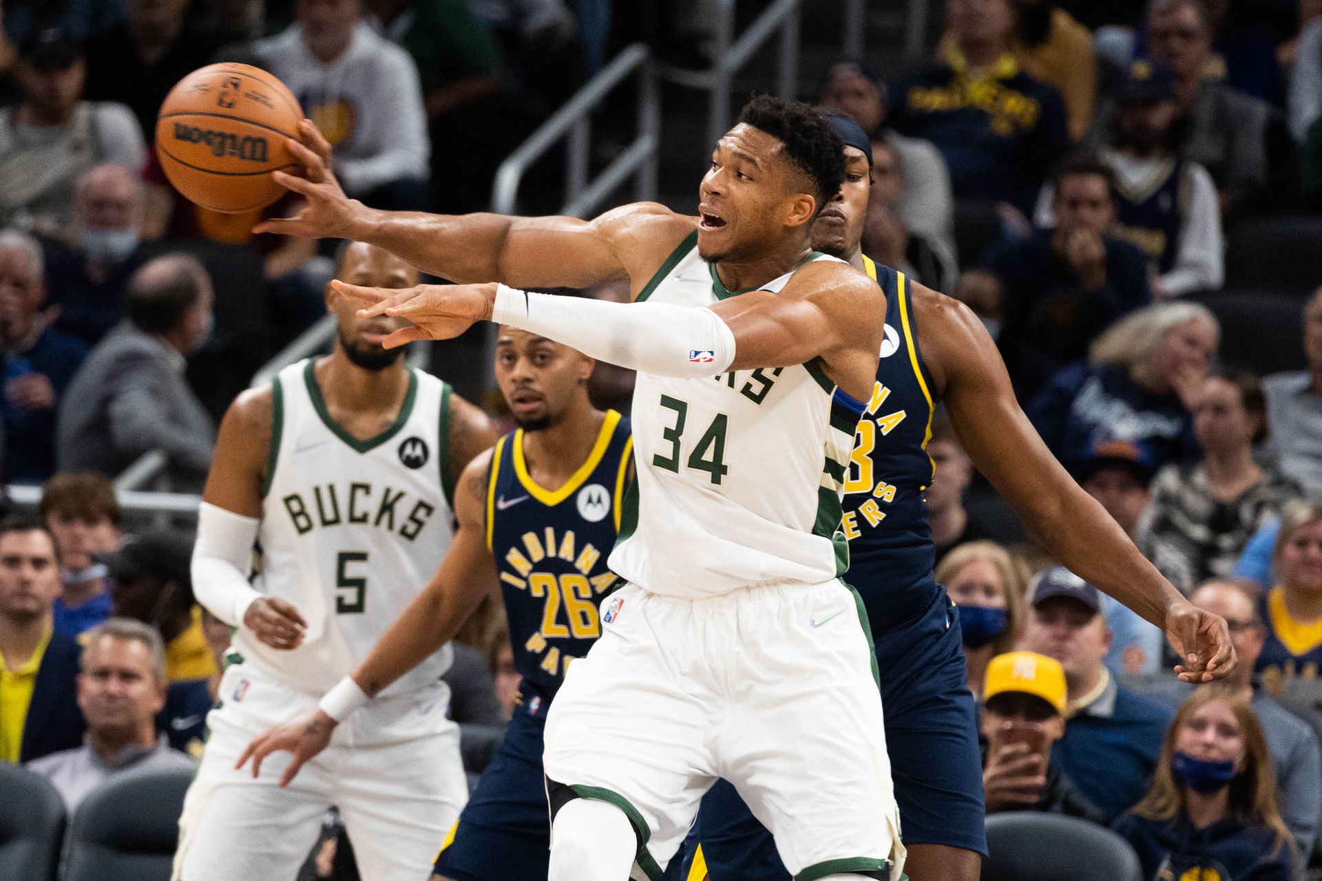 Milwaukee Bucks forward Giannis Antetokounmpo (34) passes the ball in the second half against the Indiana Pacers at Gainbridge Fieldhouse in Indianapolis, Indiana on  Oct 25, 2021.