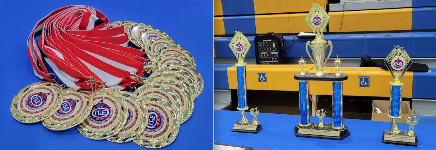 The IT&E-sponsored medals and trophies for the winners in the IT&E Interscholastic Basketball League are on display during the playoff round last weekend at the Marianas High School Gymnasium.