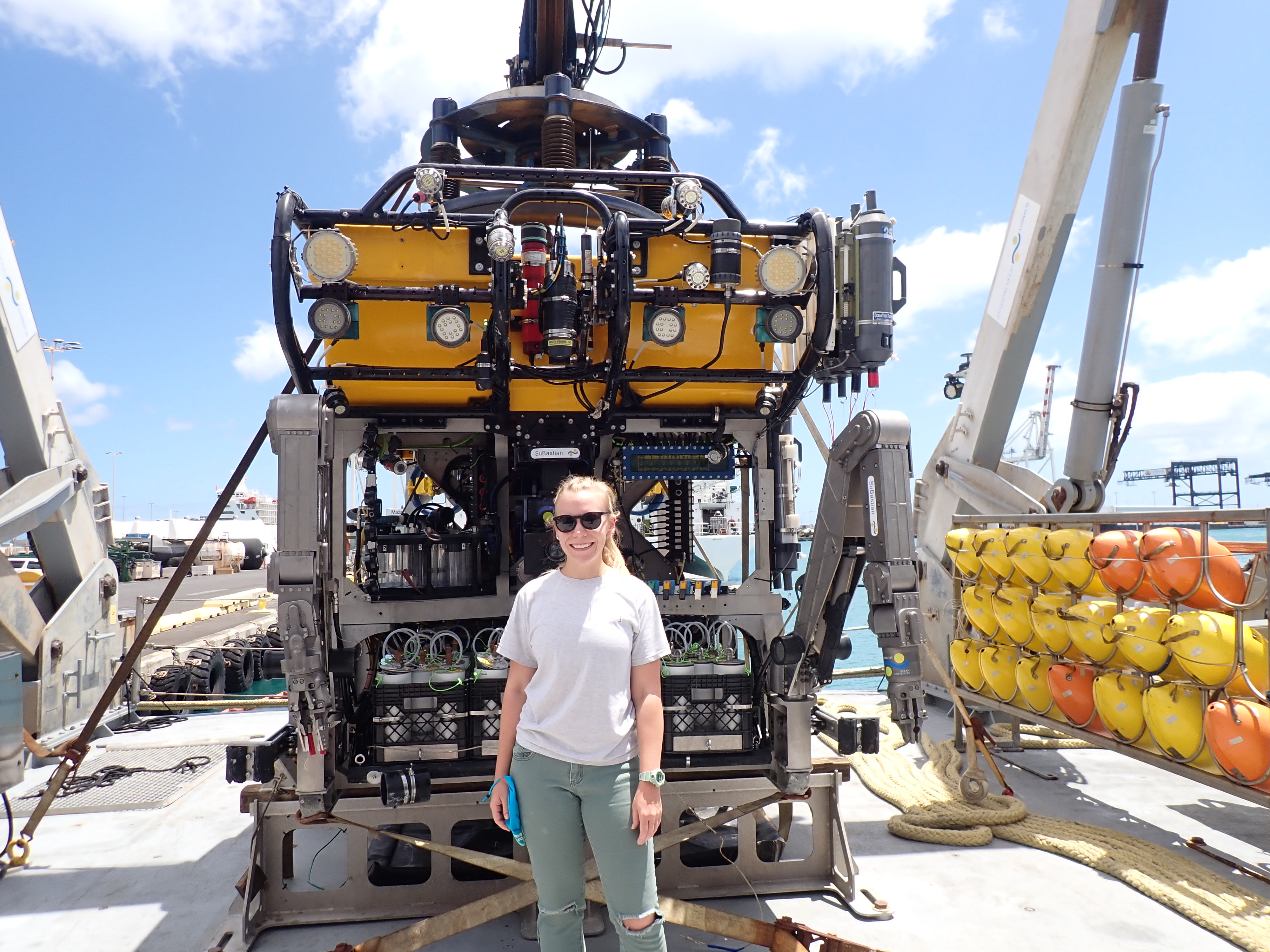Constance Sartor, a master of science in biology student at the University of Guam, aboard the research vessel Falkor. Sartor went on a 34-day voyage to the Phoenix Islands Protected Area as part of the Schmidt Ocean Institute’s Artist-at-Sea program over the summer. 